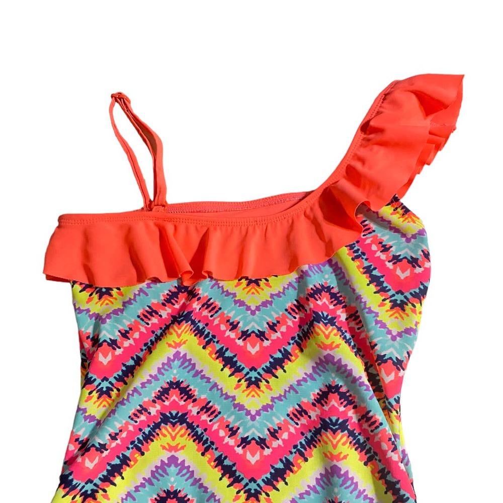 Justice orange blue chevron one piece ruffle off shoulder bathing suit size 10 - Picture 3 of 7